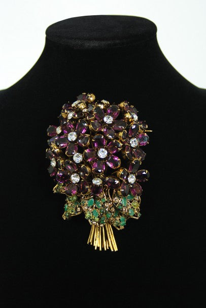 1990's Iradj Moini Signed Over-Sized Purple Floral Crystal Brooch & Earring Set