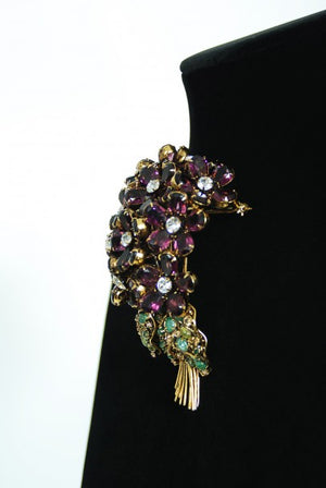 1990's Iradj Moini Signed Over-Sized Purple Floral Crystal Brooch & Earring Set