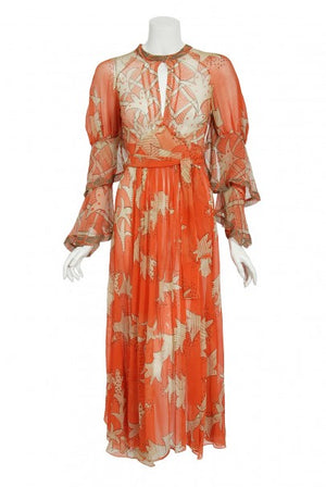 1971 Ossie Clark Documented Celia Birtwell Print Silk Chiffon Wrap Dress