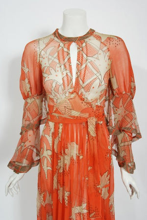 1971 Ossie Clark Documented Celia Birtwell Print Silk Chiffon Wrap Dress