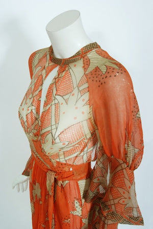 1971 Ossie Clark Documented Celia Birtwell Print Silk Chiffon Wrap Dress