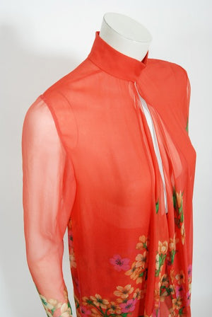 1969 Hanae Mori Couture Floral Silk-Chiffon Full Length Jacket & Pants