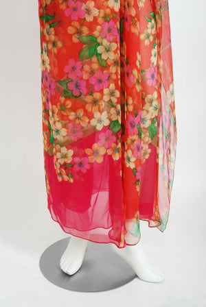 1969 Hanae Mori Couture Floral Silk-Chiffon Full Length Jacket & Pants