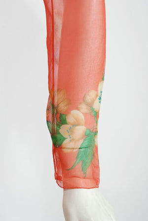 1969 Hanae Mori Couture Floral Silk-Chiffon Full Length Jacket & Pants