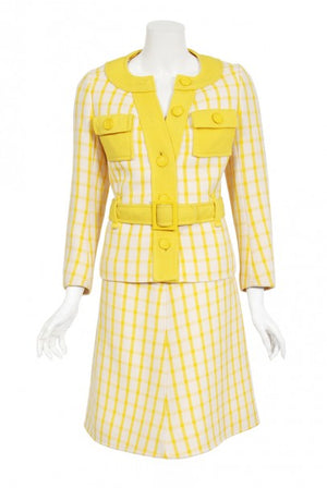 1967 Courreges Couture Yellow White Checkered Wool Belted Jacket & Skirt