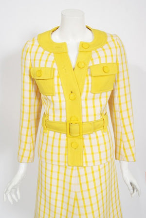 1967 Courreges Couture Yellow White Checkered Wool Belted Jacket & Skirt