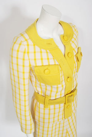 1967 Courreges Couture Yellow White Checkered Wool Belted Jacket & Skirt