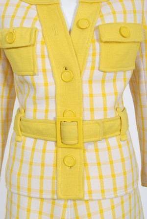1967 Courreges Couture Yellow White Checkered Wool Belted Jacket & Skirt