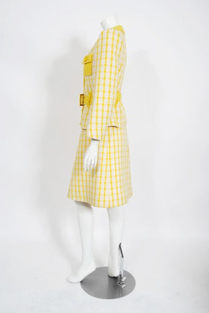 1967 Courreges Couture Yellow White Checkered Wool Belted Jacket & Skirt