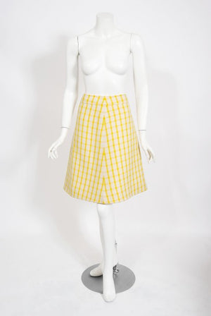 1967 Courreges Couture Yellow White Checkered Wool Belted Jacket & Skirt