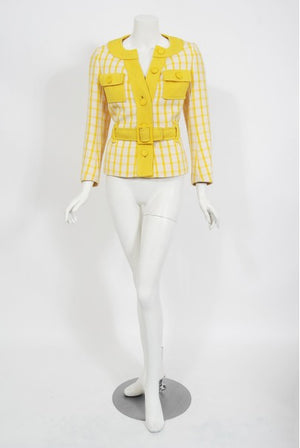 1967 Courreges Couture Yellow White Checkered Wool Belted Jacket & Skirt