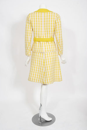 1967 Courreges Couture Yellow White Checkered Wool Belted Jacket & Skirt