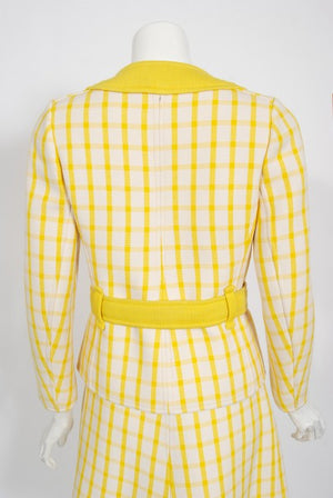 1967 Courreges Couture Yellow White Checkered Wool Belted Jacket & Skirt
