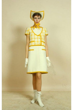 1967 Courreges Couture Yellow White Checkered Wool Belted Jacket & Skirt