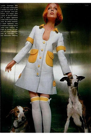 1967 Courreges Couture Yellow White Checkered Wool Belted Jacket & Skirt