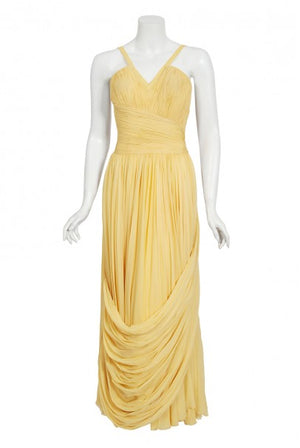 1954 Jean Dessès Haute Couture Attributed Pleated Yellow Silk-Chiffon Draped Gown