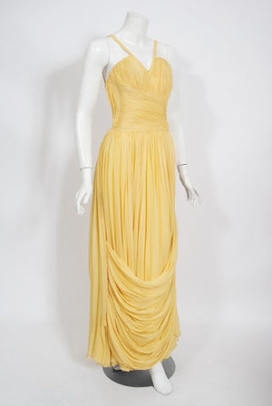 1954 Jean Dessès Haute Couture Attributed Pleated Yellow Silk-Chiffon Draped Gown