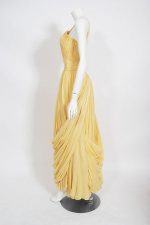 1954 Jean Dessès Haute Couture Attributed Pleated Yellow Silk-Chiffon Draped Gown