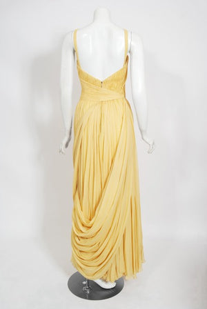 1954 Jean Dessès Haute Couture Attributed Pleated Yellow Silk-Chiffon Draped Gown
