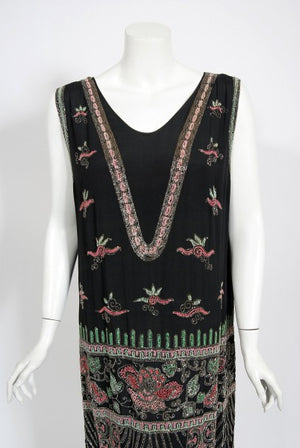 1920's Jean Patou Haute Couture Attributed Beaded Floral Silk Deco Dress