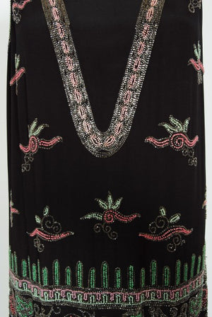 1920's Jean Patou Haute Couture Attributed Beaded Floral Silk Deco Dress