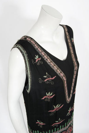 1920's Jean Patou Haute Couture Attributed Beaded Floral Silk Deco Dress