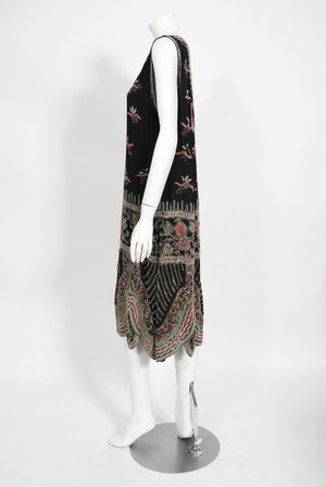 1920's Jean Patou Haute Couture Attributed Beaded Floral Silk Deco Dress