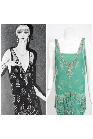 1920's Jean Patou Haute Couture Attributed Seafoam Beaded Chiffon Dress
