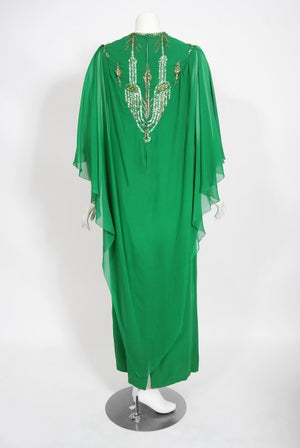1965 Pierre Cardin Haute Couture Beaded Green Silk Caftan Gown