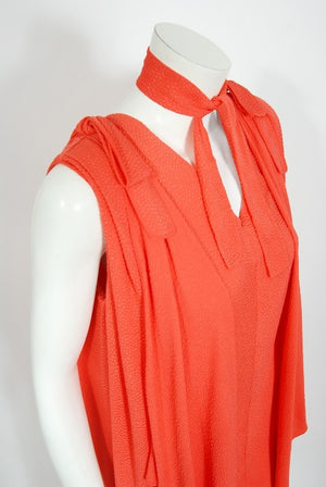1970's Philippe Venet Couture Orange Textured Silk Draped Caftan Dress
