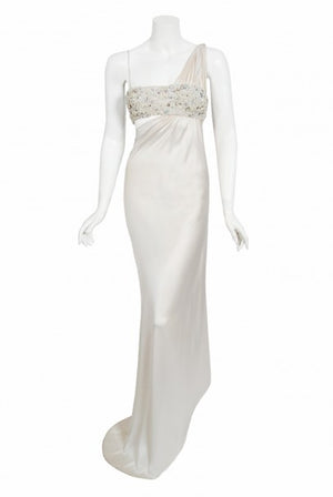2000 Ungaro Haute Couture Crystal Beaded Asymmetric Cut-Out Ivory Silk Gown