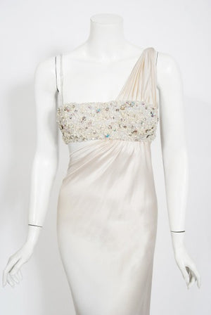 2000 Ungaro Haute Couture Crystal Beaded Asymmetric Cut-Out Ivory Silk Gown