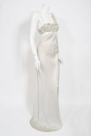 2000 Ungaro Haute Couture Crystal Beaded Asymmetric Cut-Out Ivory Silk Gown