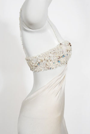 2000 Ungaro Haute Couture Crystal Beaded Asymmetric Cut-Out Ivory Silk Gown