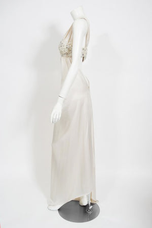 2000 Ungaro Haute Couture Crystal Beaded Asymmetric Cut-Out Ivory Silk Gown