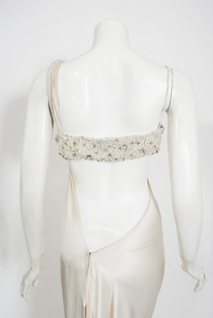 2000 Ungaro Haute Couture Crystal Beaded Asymmetric Cut-Out Ivory Silk Gown