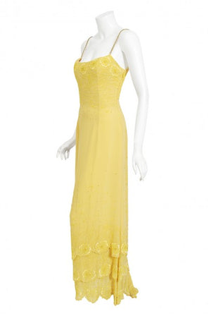 1998 Versace Couture Beaded Yellow Silk Chiffon Hourglass Gown & Wrap