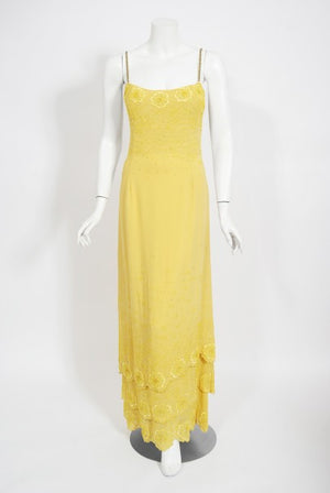 1998 Versace Couture Beaded Yellow Silk Chiffon Hourglass Gown & Wrap