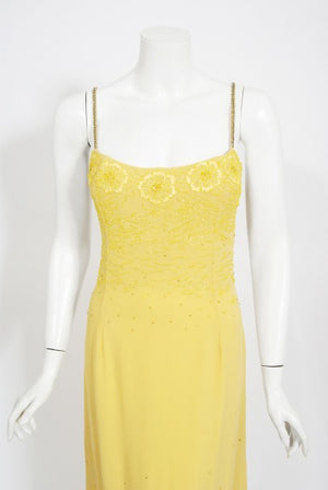1998 Versace Couture Beaded Yellow Silk Chiffon Hourglass Gown & Wrap