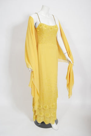 1998 Versace Couture Beaded Yellow Silk Chiffon Hourglass Gown & Wrap