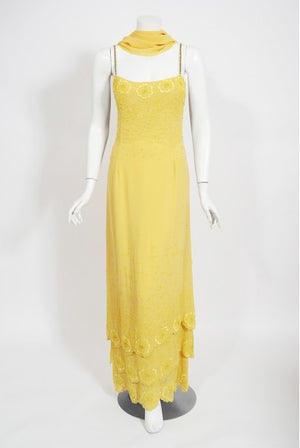 1998 Versace Couture Beaded Yellow Silk Chiffon Hourglass Gown & Wrap
