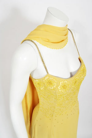 1998 Versace Couture Beaded Yellow Silk Chiffon Hourglass Gown & Wrap