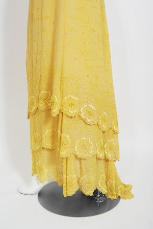 1998 Versace Couture Beaded Yellow Silk Chiffon Hourglass Gown & Wrap