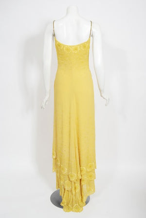 1998 Versace Couture Beaded Yellow Silk Chiffon Hourglass Gown & Wrap
