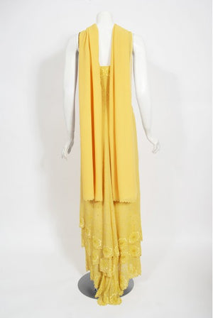 1998 Versace Couture Beaded Yellow Silk Chiffon Hourglass Gown & Wrap