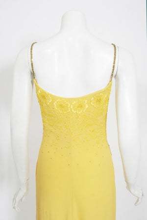 1998 Versace Couture Beaded Yellow Silk Chiffon Hourglass Gown & Wrap