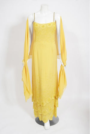 1998 Versace Couture Beaded Yellow Silk Chiffon Hourglass Gown & Wrap