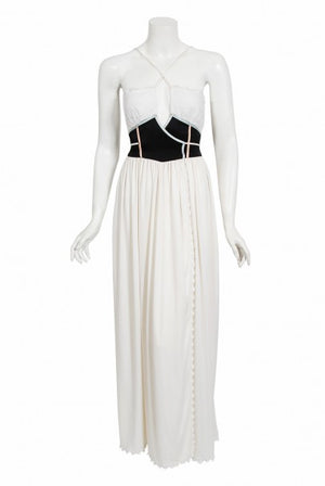 1970's Bill Gibb White Eyelet Cotton & Jersey Low Plunge Maxi Wrap Dress