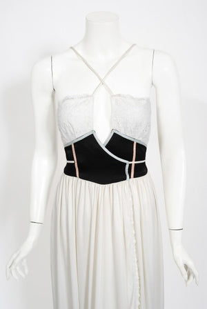 1970's Bill Gibb White Eyelet Cotton & Jersey Low Plunge Maxi Wrap Dress