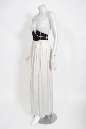 1970's Bill Gibb White Eyelet Cotton & Jersey Low Plunge Maxi Wrap Dress